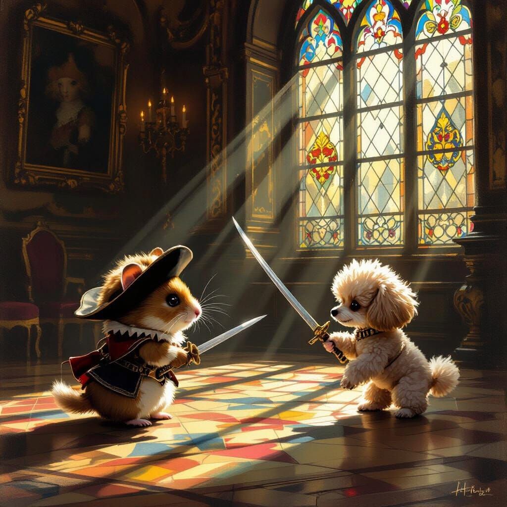 Hamster Musketeer Duel in Tenebrism Style