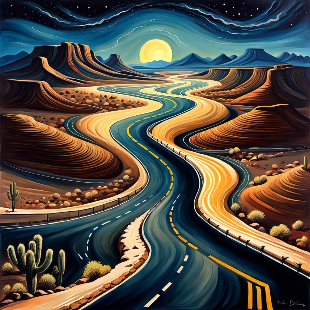 Night Desert Highway: A Vintage-Style AI Painting