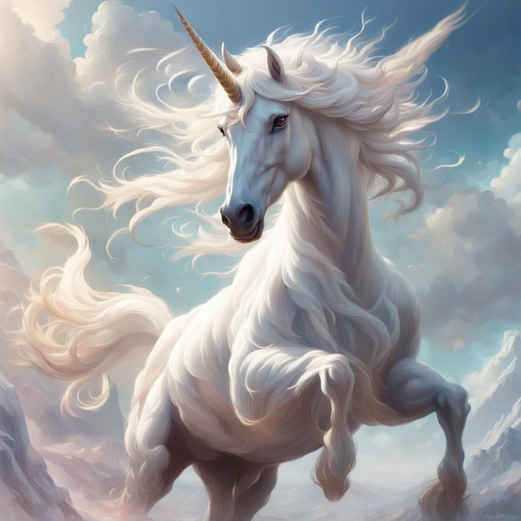 An angelic scene in the ethereal realm of a magnificent white unicorn, flying in the sky
