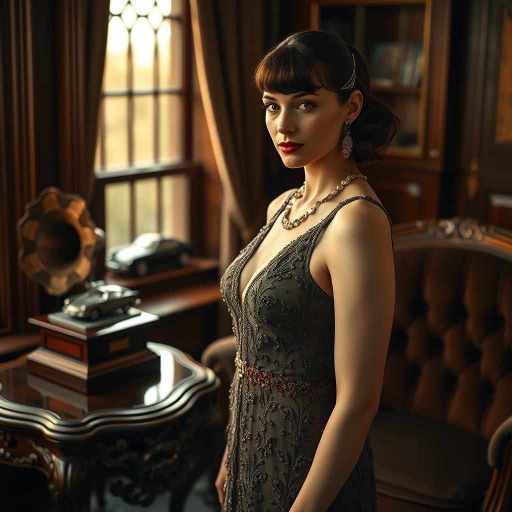 Elegant Flapper Woman in Luxurious 1920s-Inspired Parlor