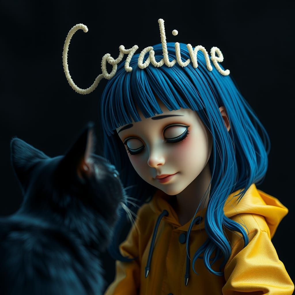cinematic vision of Coraline looking affectionately at the b...