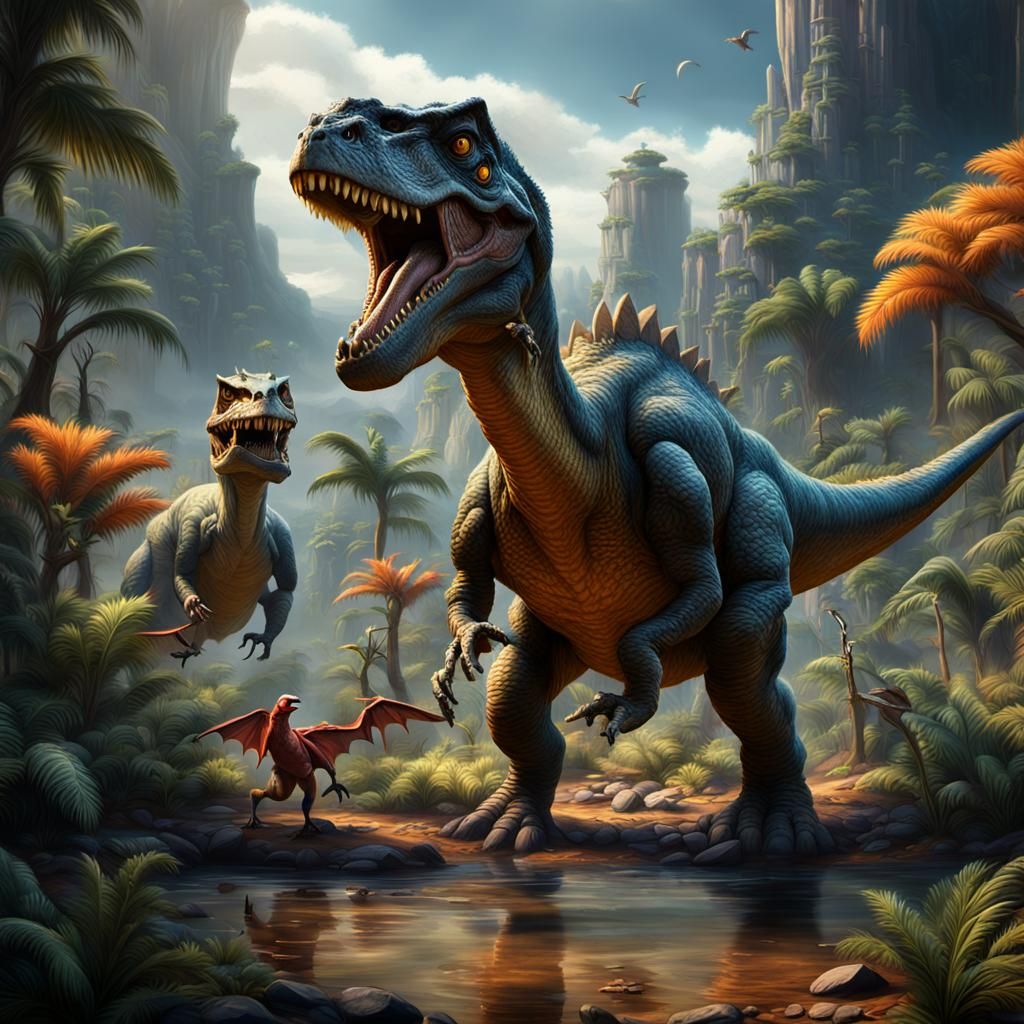 Fantastical Dinosaur Scene with Birds in Detailed Matte Pain...