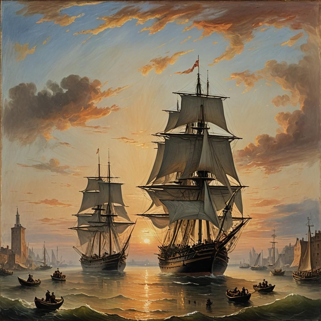 Three-Masted Ship at Sunset in Romantic Style