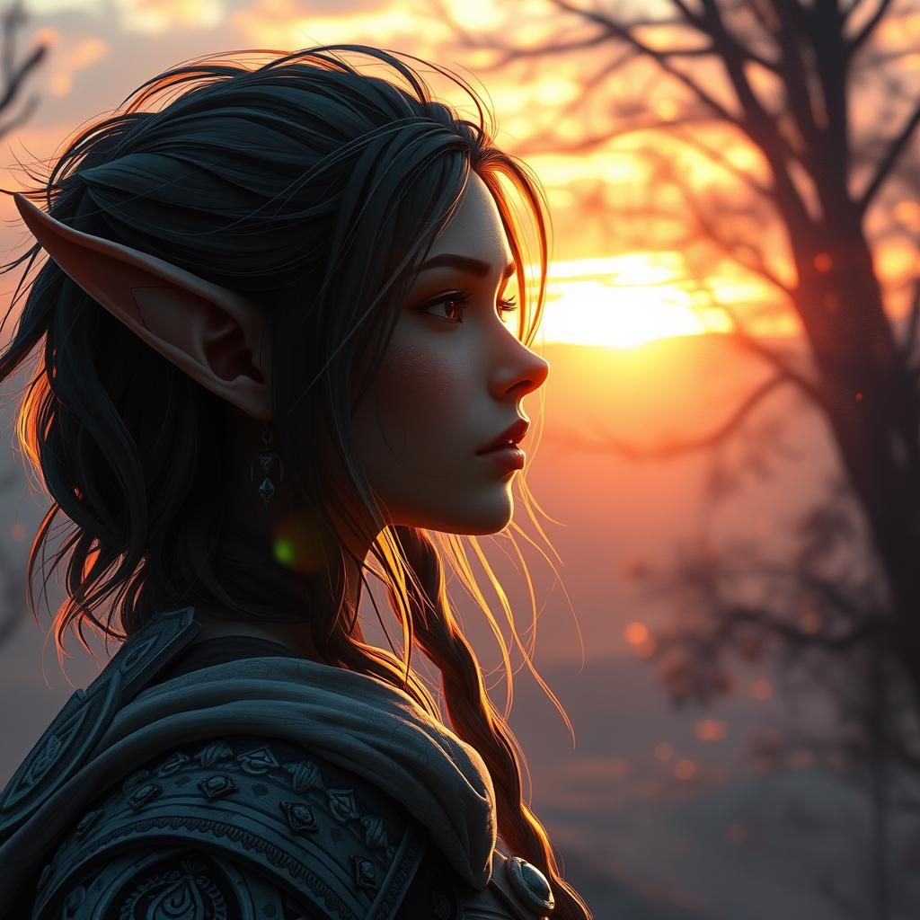 Elf Girl Sunset Portrait in Detailed Digital Art