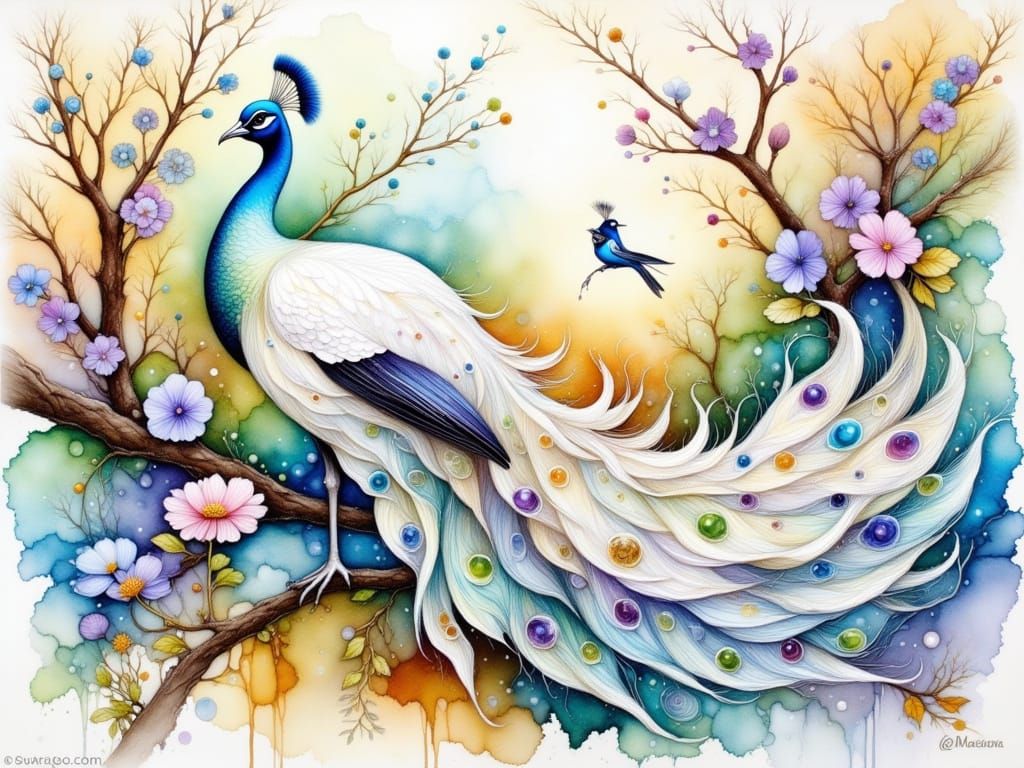 Majestic White Peacock in Vibrant Watercolor and Alcohol Ink