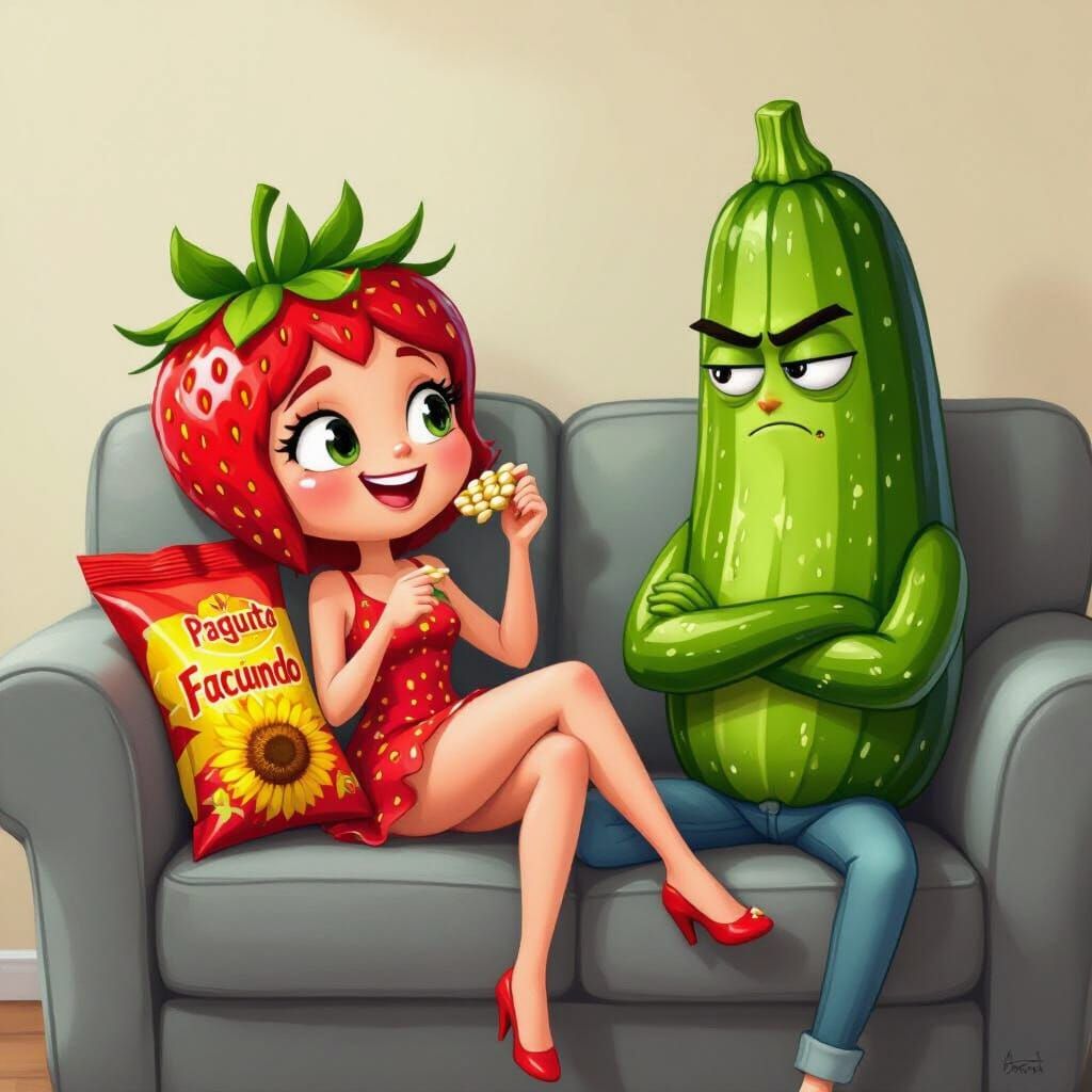 Strawberry Girl on Couch in Cartoon Style
