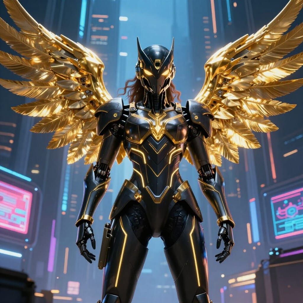 Winged Cyber Warrior in Neon City
