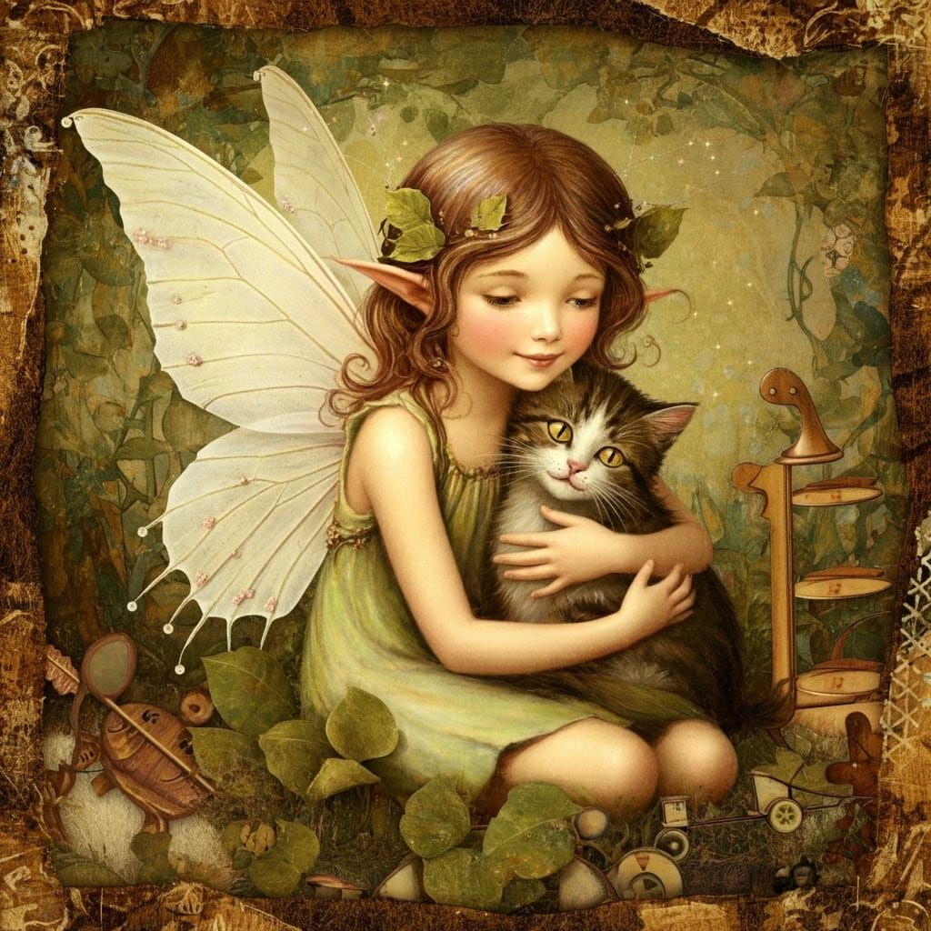 Whimsical Fairy Cuddles Curious Cat in Vintage-Inspired Coll...
