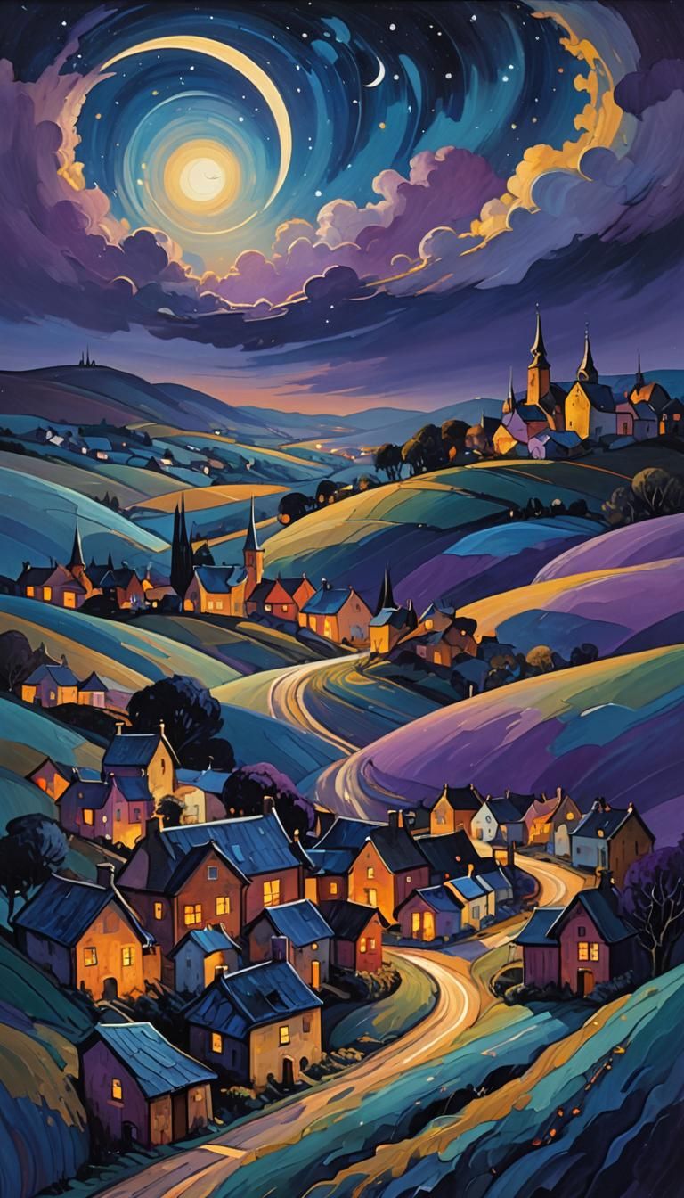 Expressionist Village Under Swirling Starry Night Sky