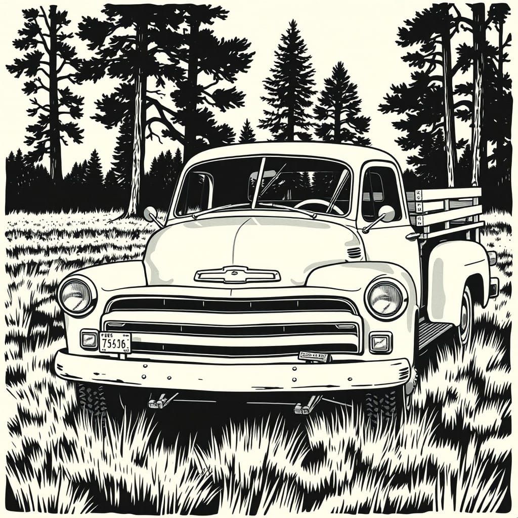 Vintage Woodcut Pickup Truck in Mid Century Style