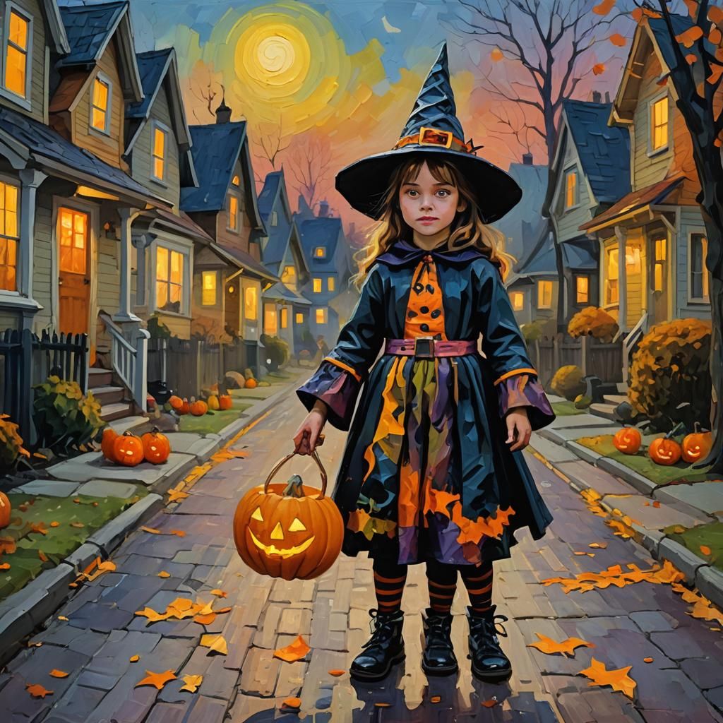 Girl in Witch Costume, Neo-Impressionist Impasto Painting