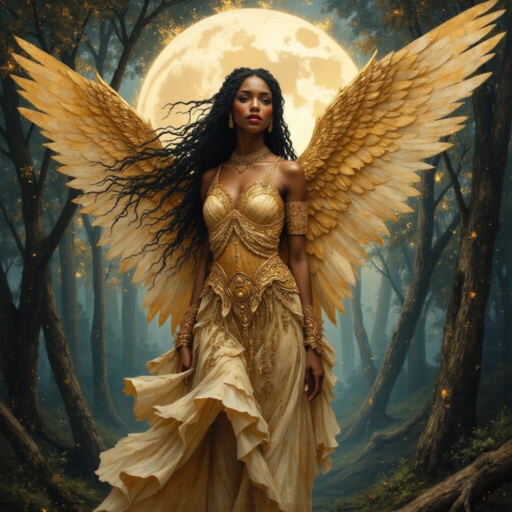 Winged Black Warrior Goddess in Golden Armor