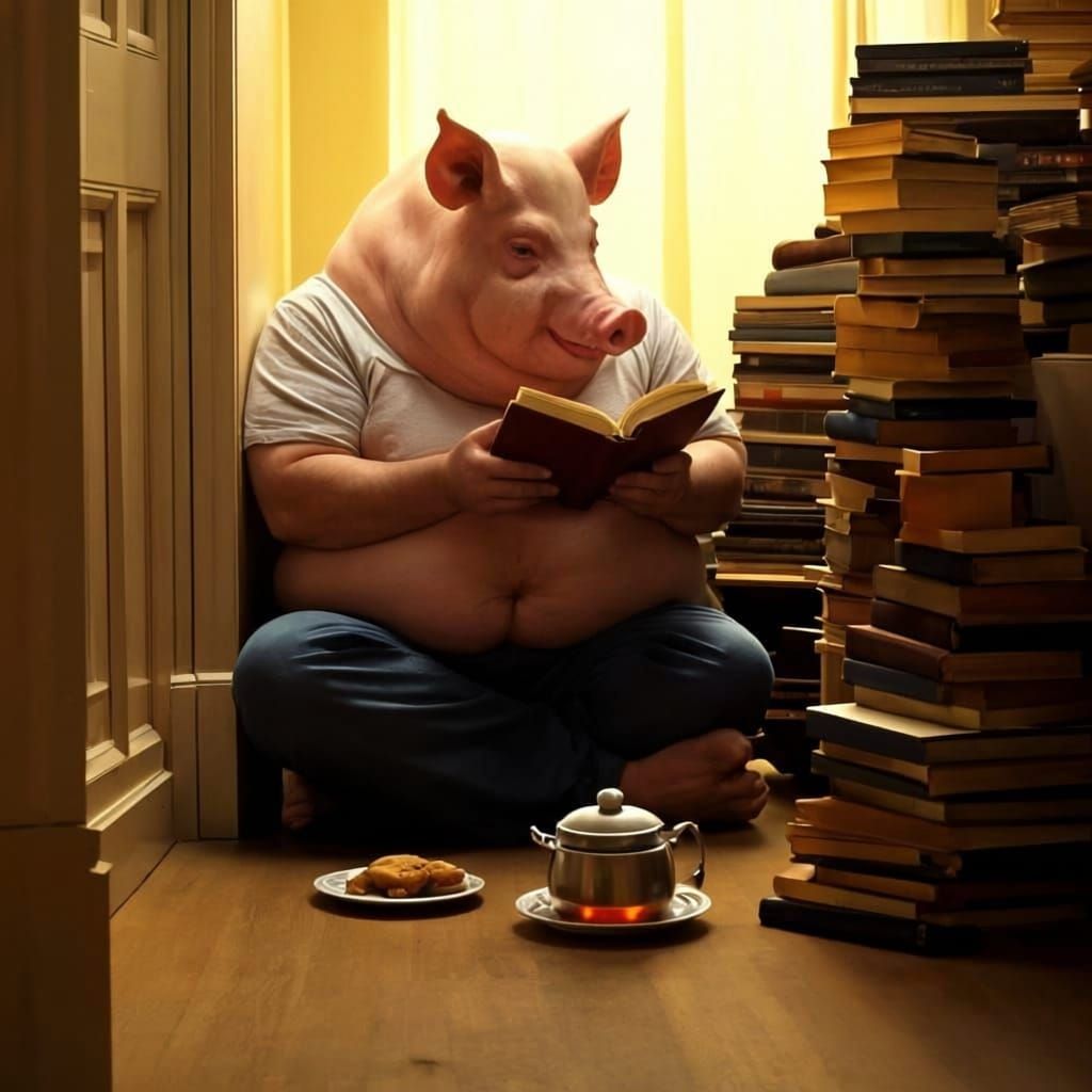 Man with Pig Head Reading in Cozy Nook