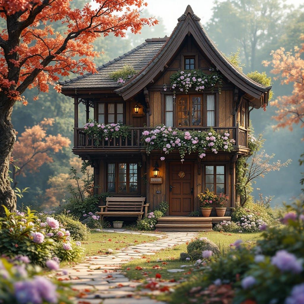 Pink Two-Tiered Garden with Stream in Detailed Digital Paint...