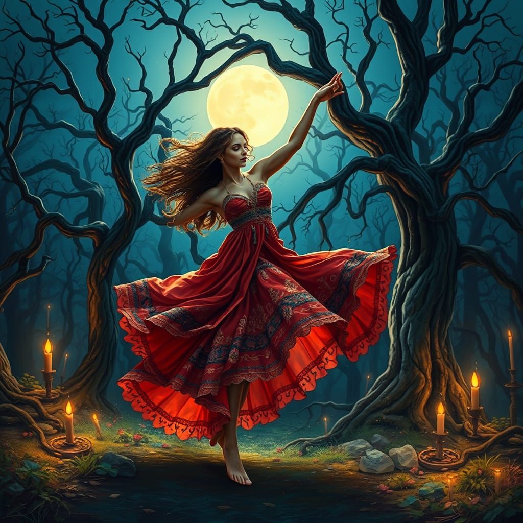 Romantic Gypsy Woman Dancing Under Ancient Trees