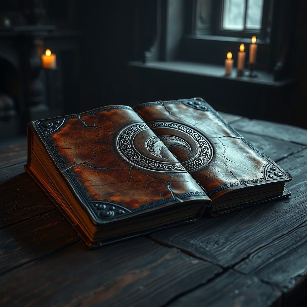 Medieval Leather Folio Unveils Mystical Lunar Sigil in Dimly...