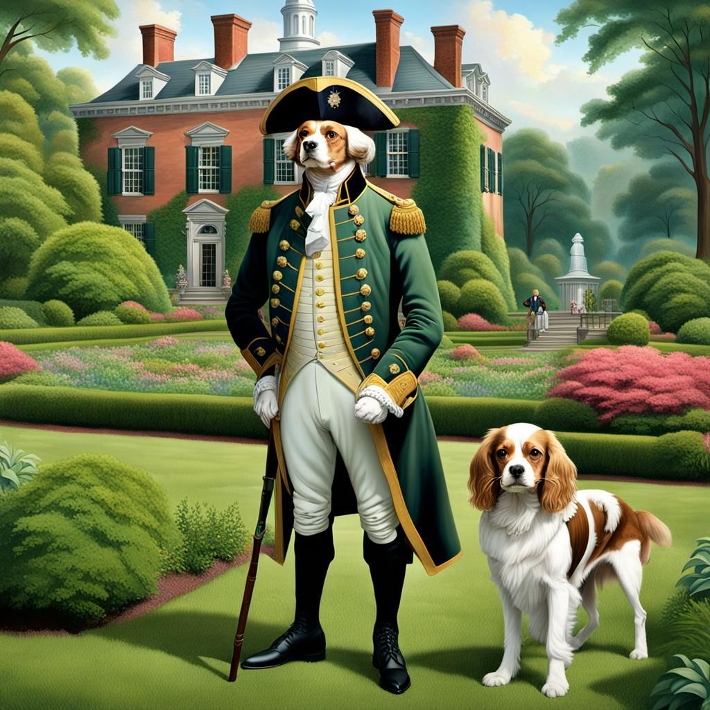 George Washington in Colonial Garden, Detailed Matte Paintin...