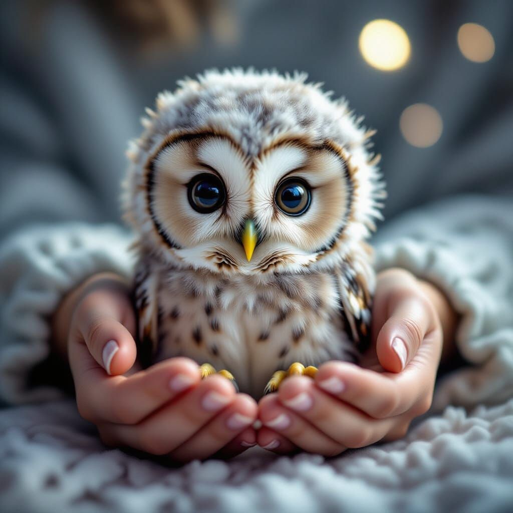 Cute Baby Owl in Caring Hands: Fantasy Photography
