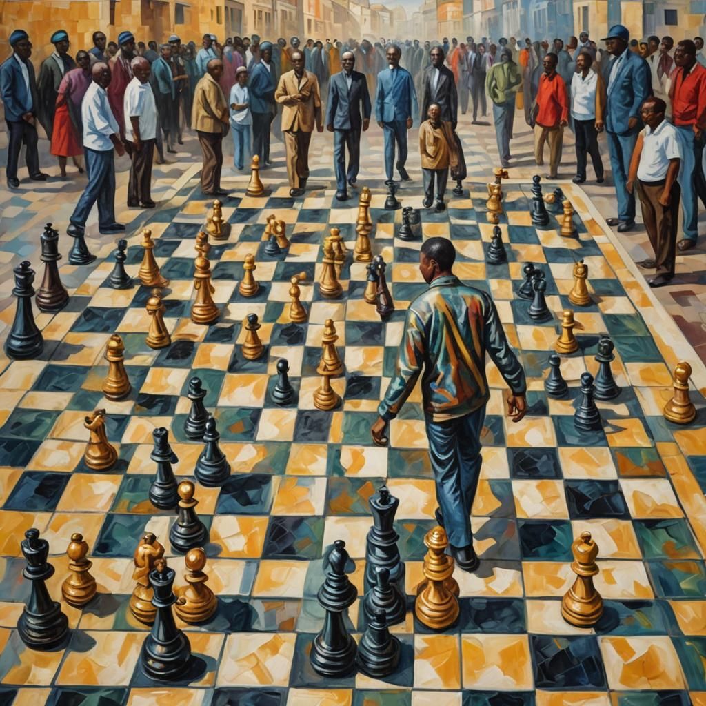 Man Walks on Gold Chessboard: Expressionist Oil Painting