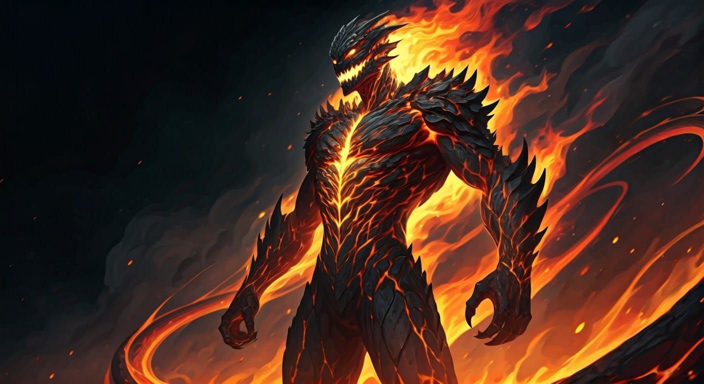 Dragon-Humanoid Ablaze in Fiery Fantasy Art