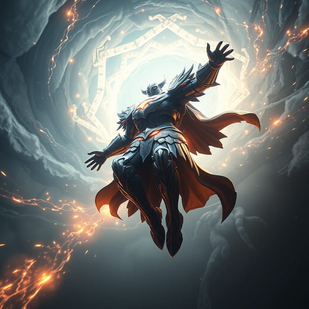 Ethereal Warrior Defies Gravity in Cyberpunk Aesthetic