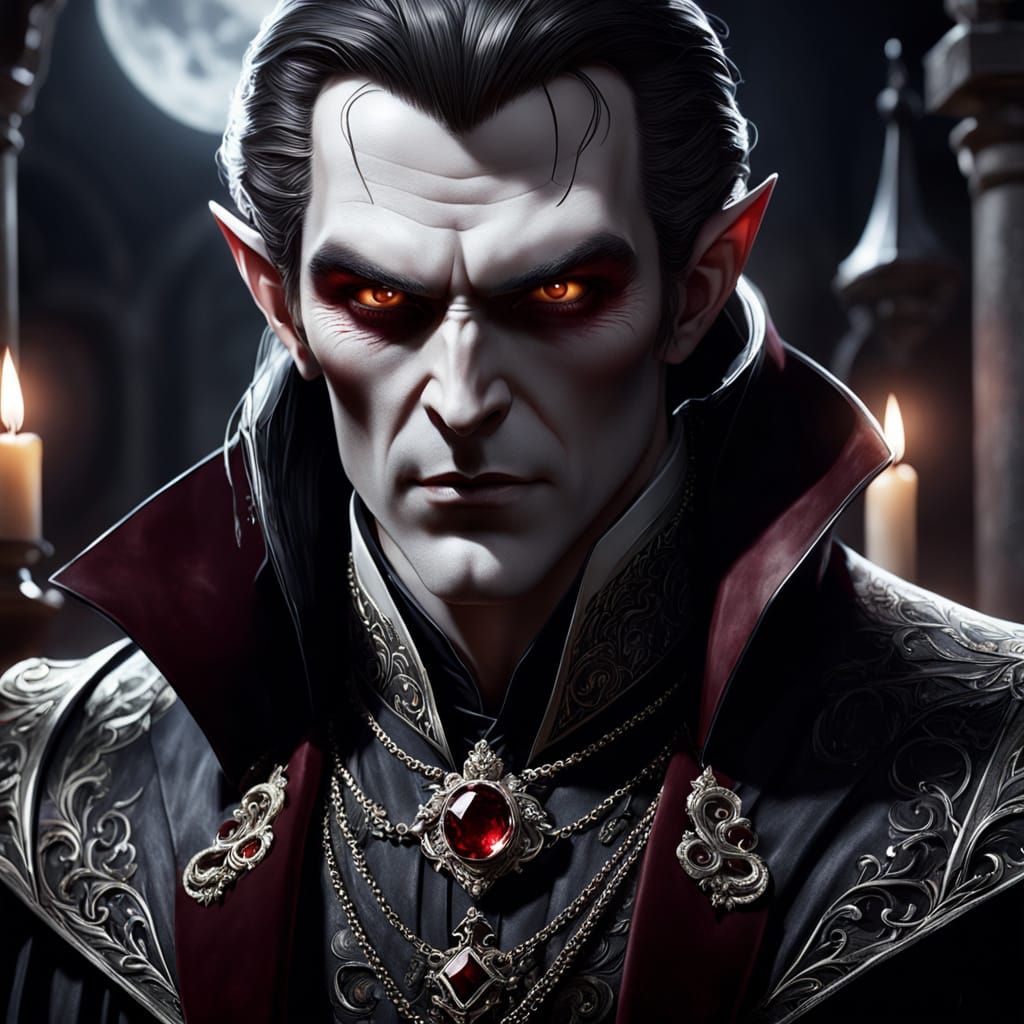 Regal Vampire Lord in Opulent Dark Clothing