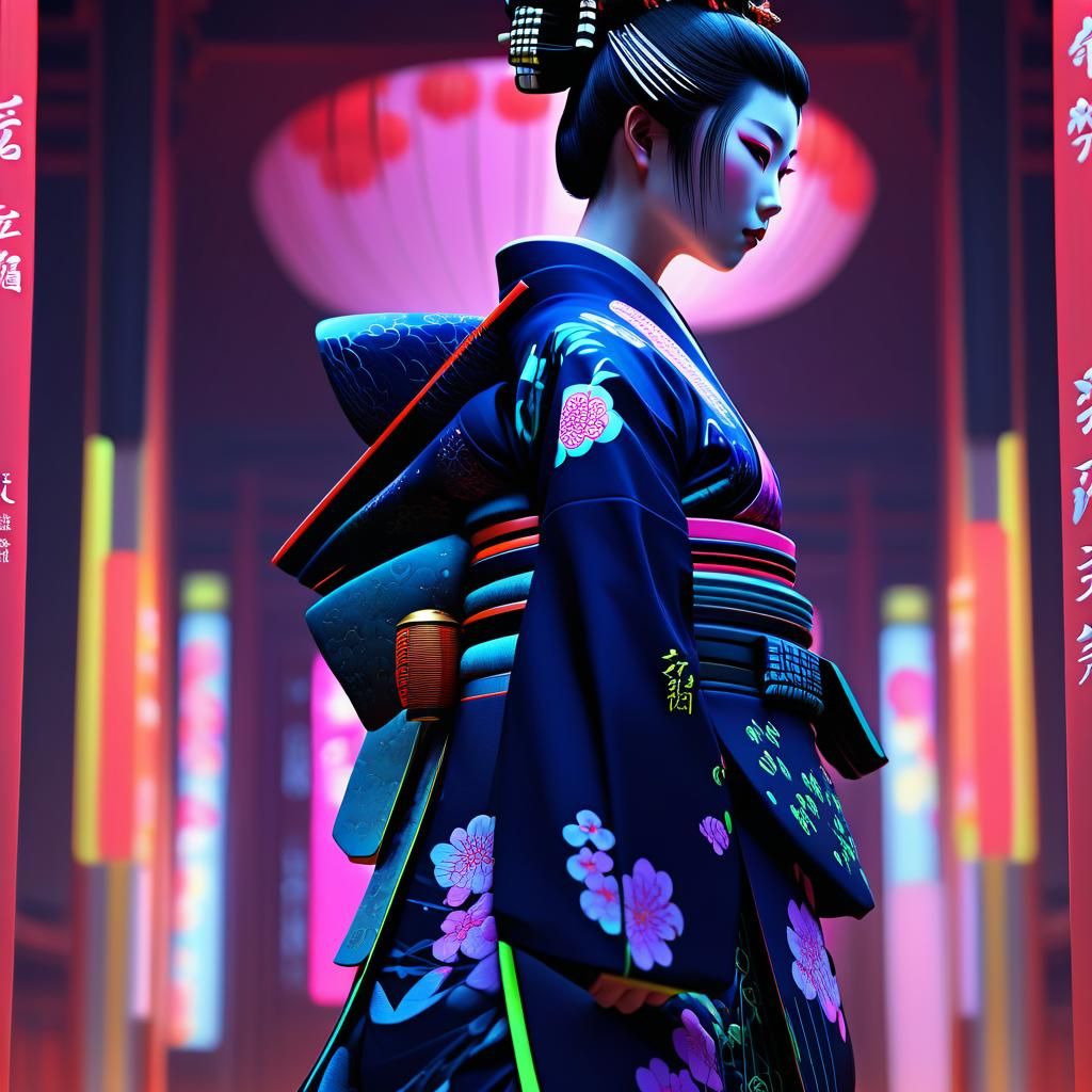 Futuristic Geisha in Cyberpunk Temple Concept Art
