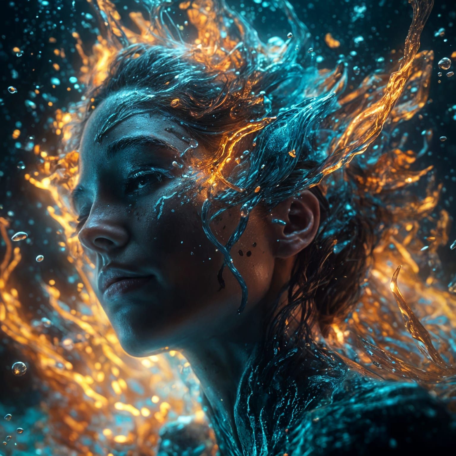 Neon Lit Woman's Face Underwater: Hyperreal Macro Shot