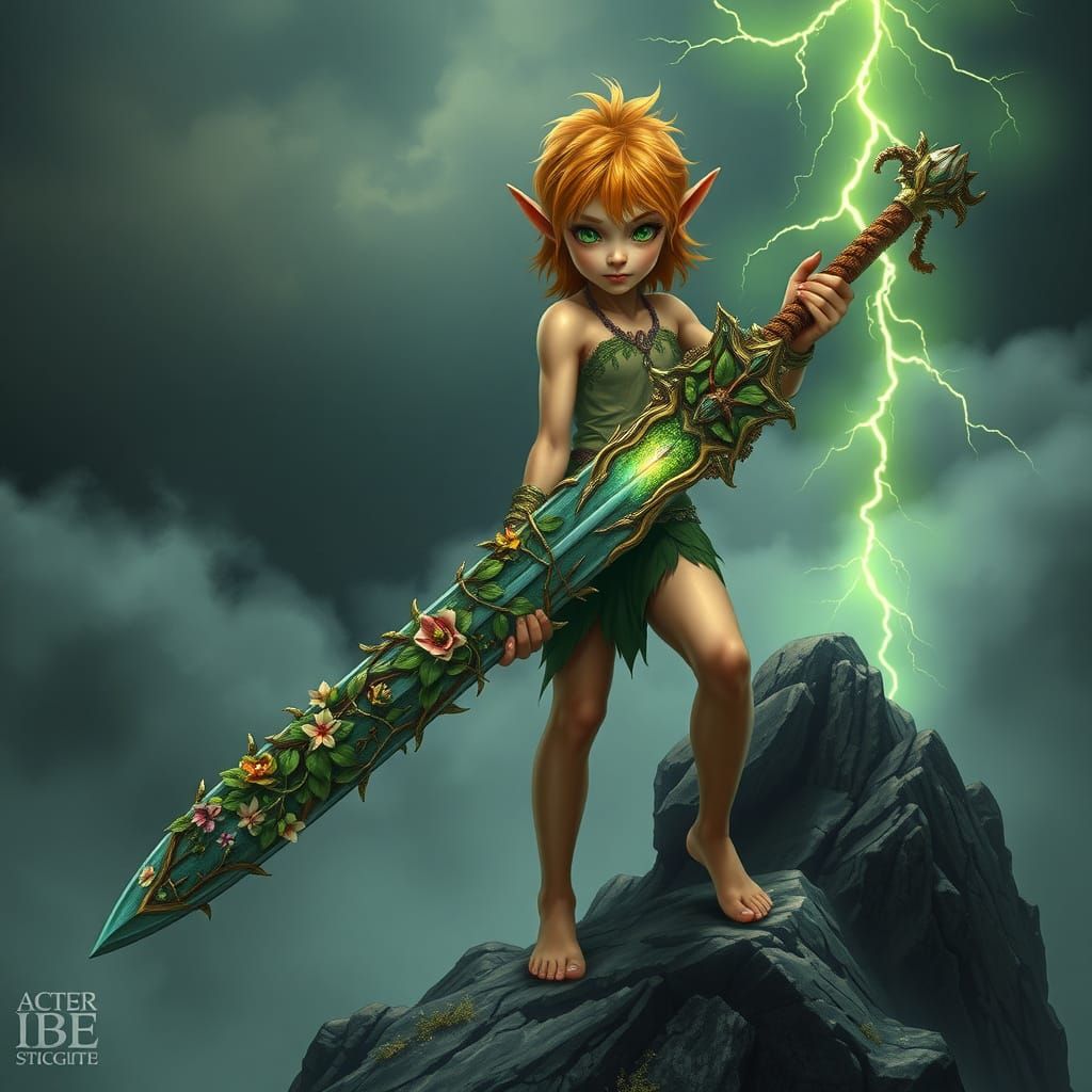 Mystical Elf Wields Mother Nature's Sword on Mountain Peak