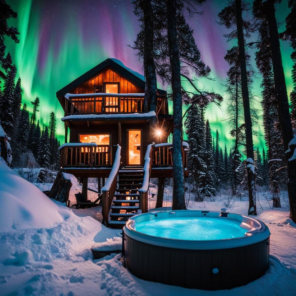 Tree House Northern Woods Winter Camping with a hot tub