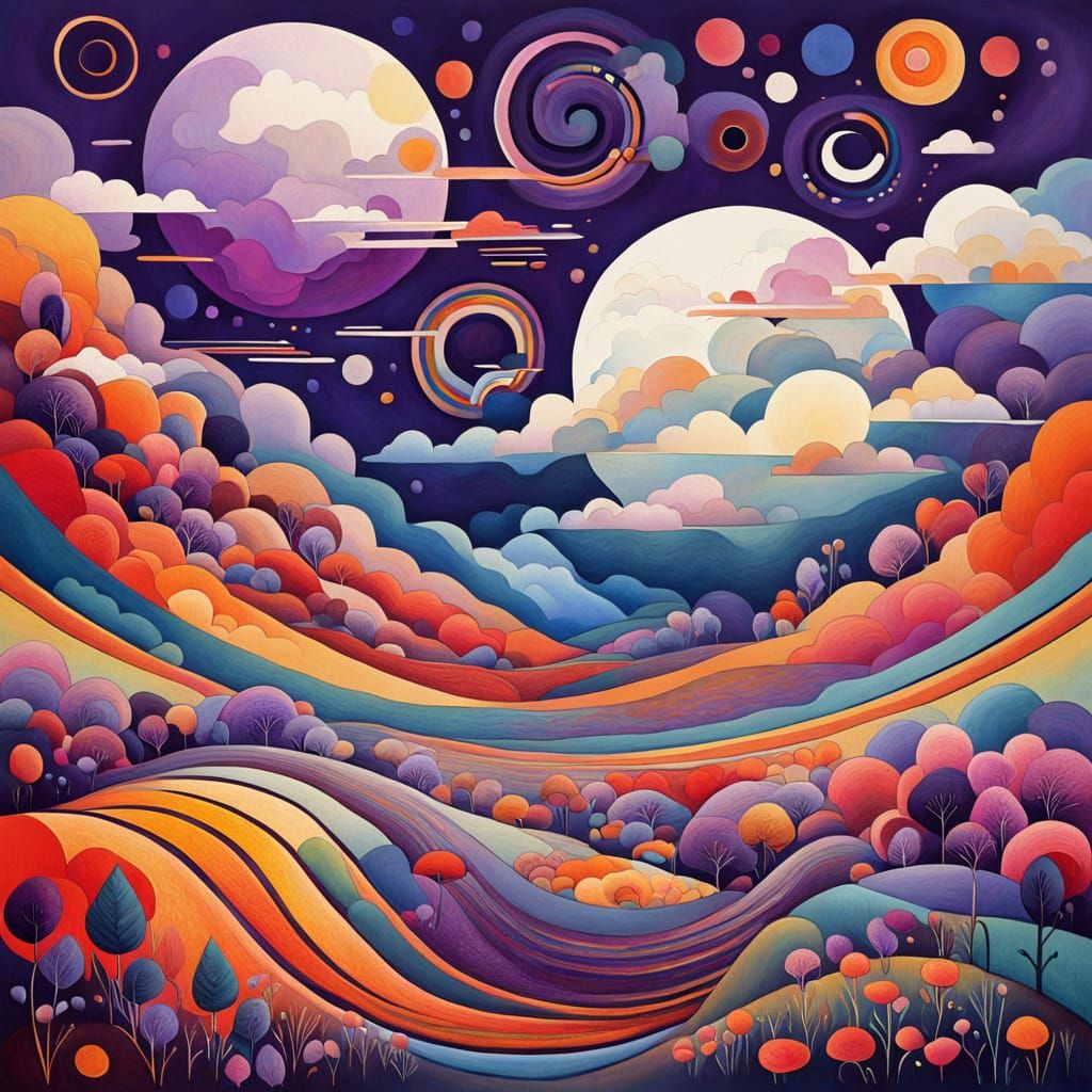 Surreal Blooms and Rainbow Clouds in Folk Art Style