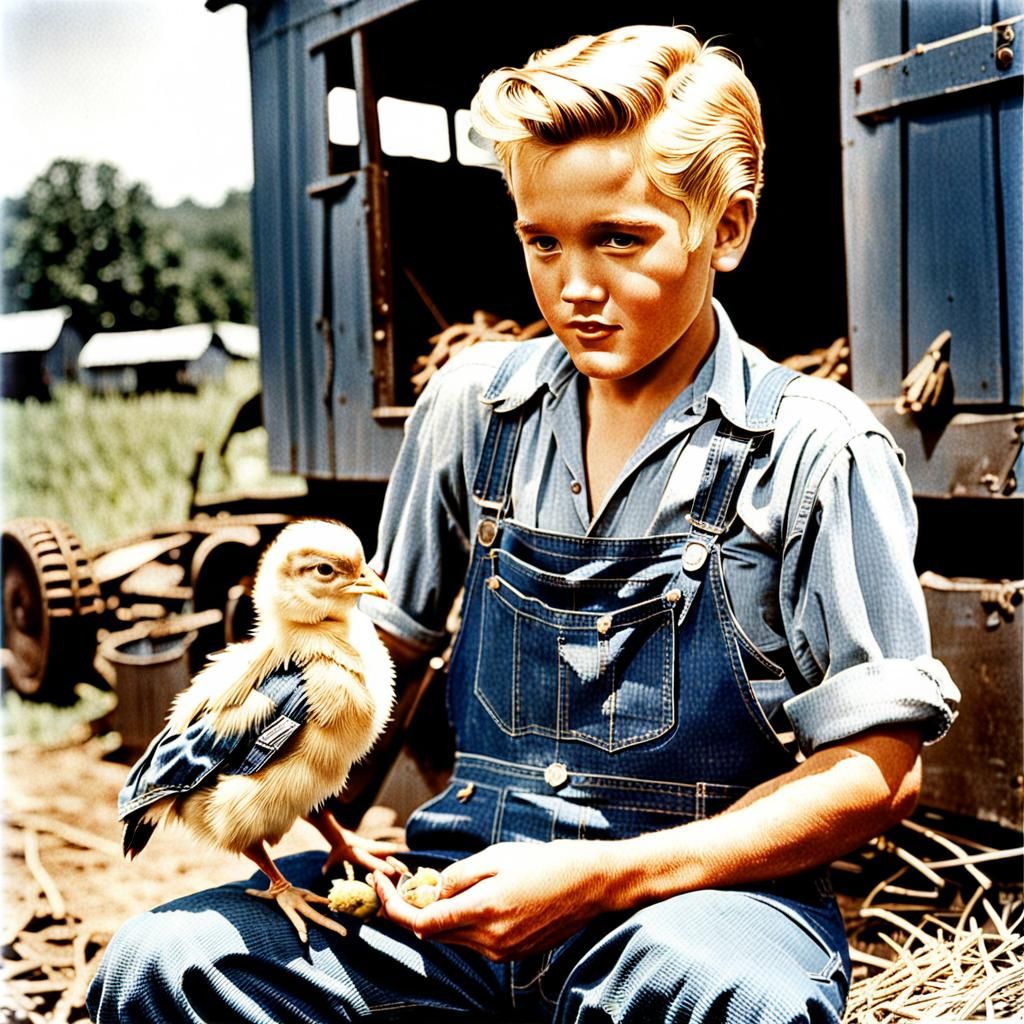Young Elvis Feeding a Chick, 1940s Scene