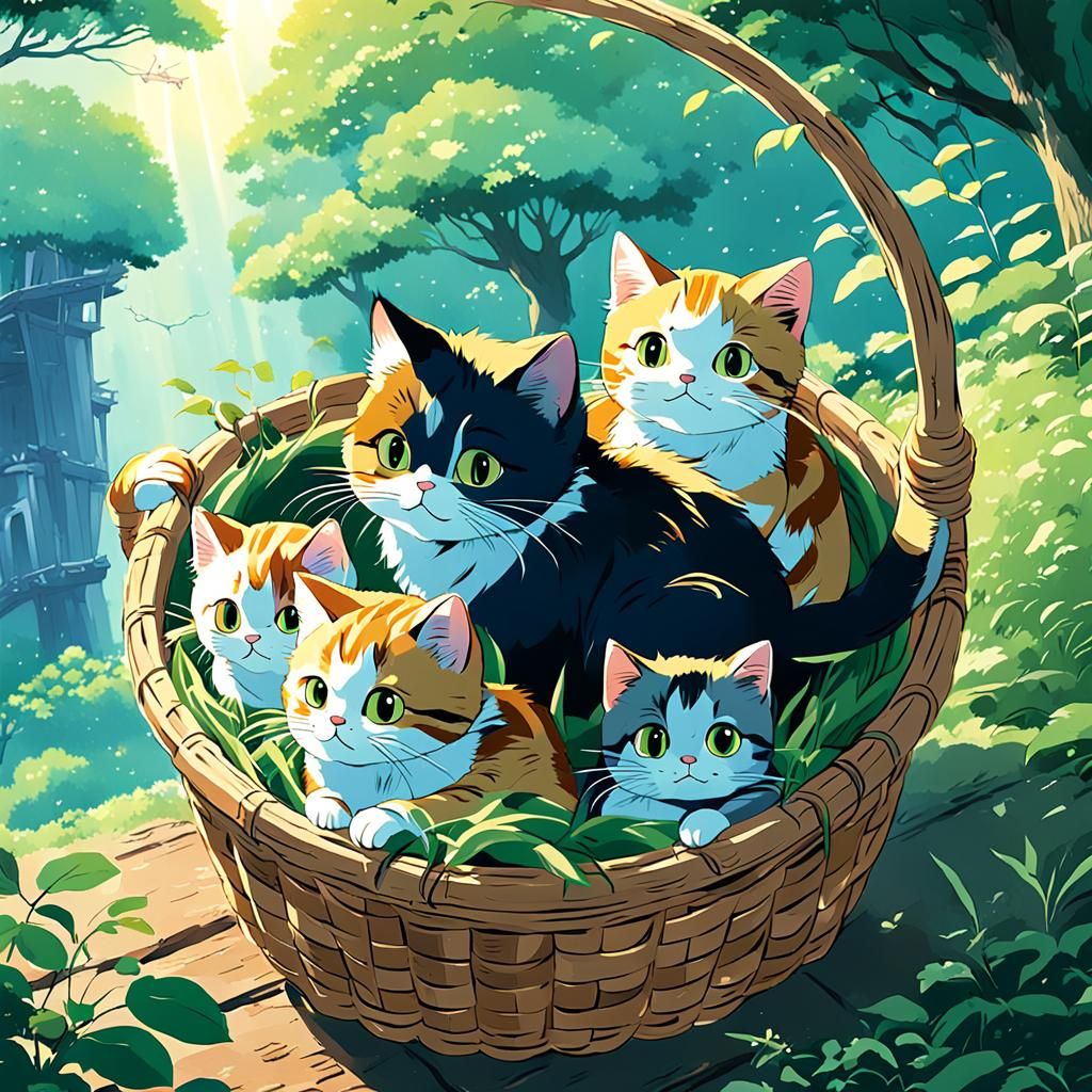 Kittens in Basket: Studio Ghibli Anime Art