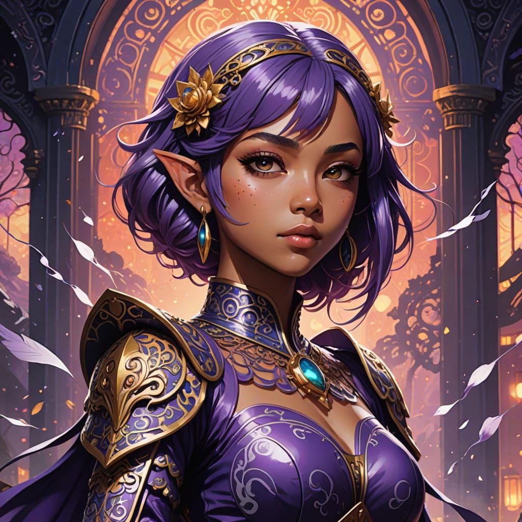 Elegant Mulatto Elf Girl in Vibrant Purple Hair, Anime Style