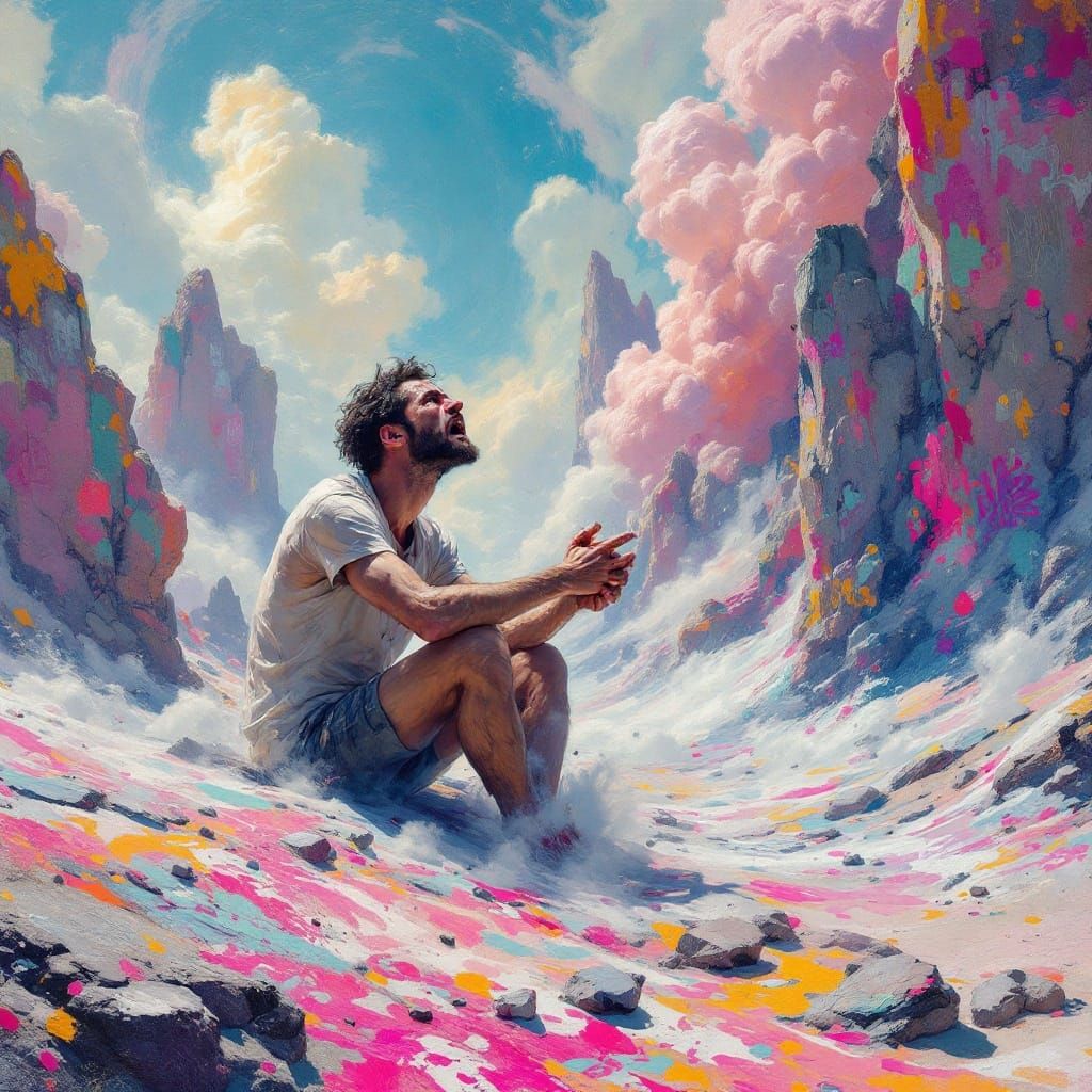 Distraught Man in Vibrant, Alien Landscape, à la Expressioni...