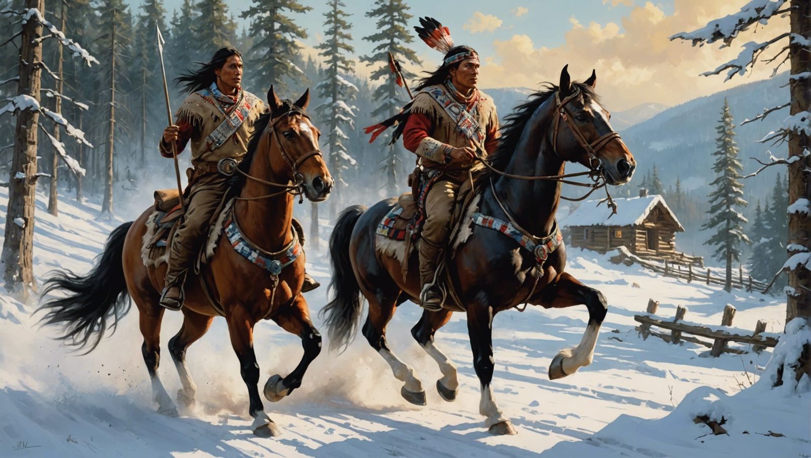 American Indian Warrior on Horseback in Snowy Forest