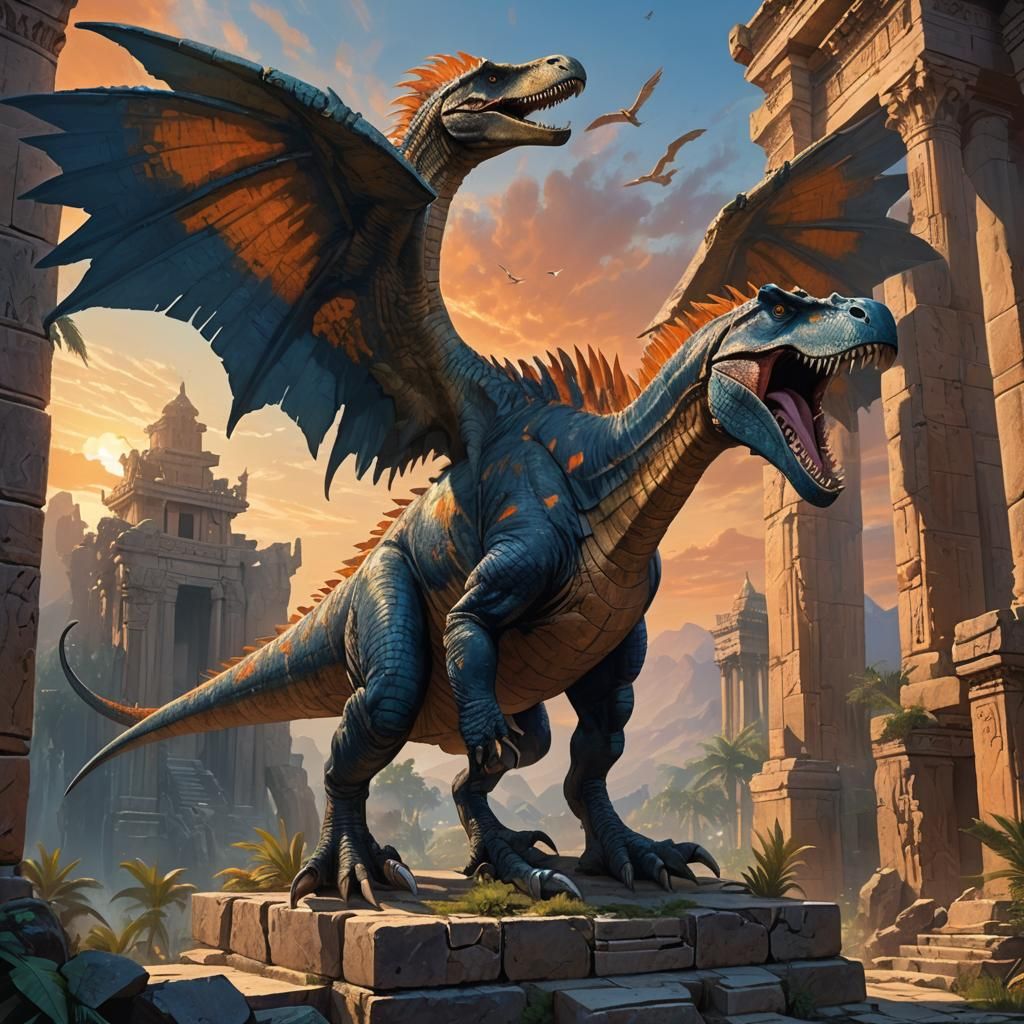Majestic Spinosaurus Eagle Hybrid on Ancient Temple