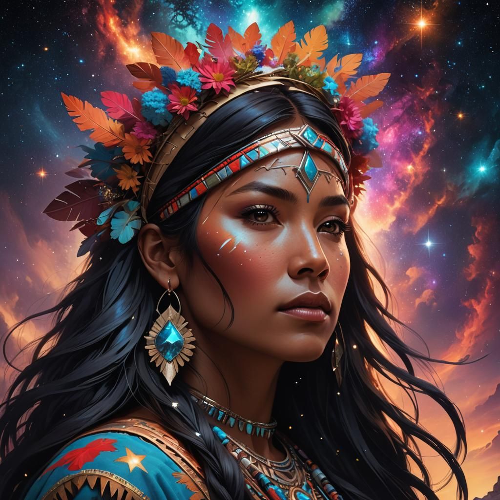 Cosmic Navajo Woman Portrait in Digital Art Style