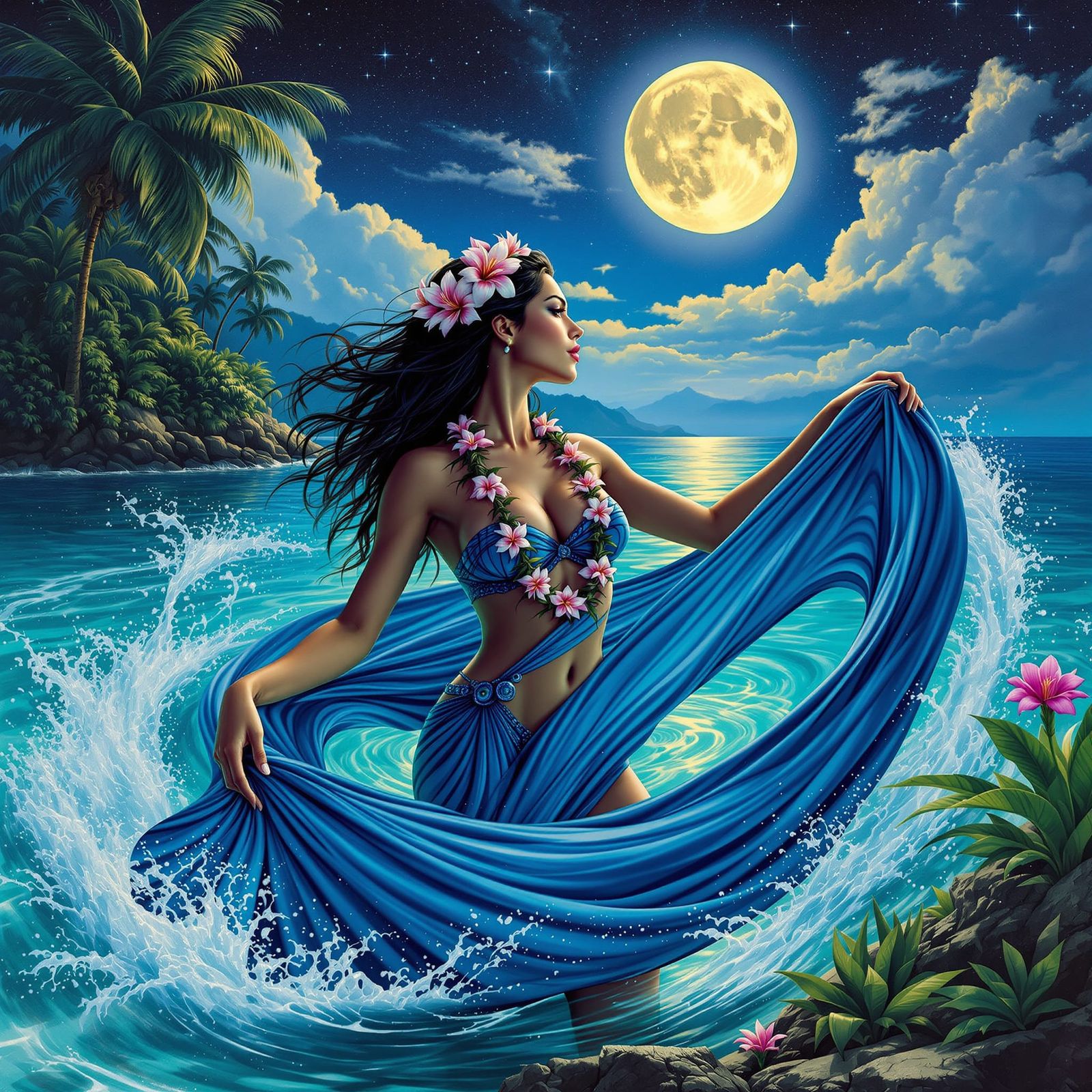 Hawaiian Woman Swirling Pareo in Turquoise Ocean Under Full ...