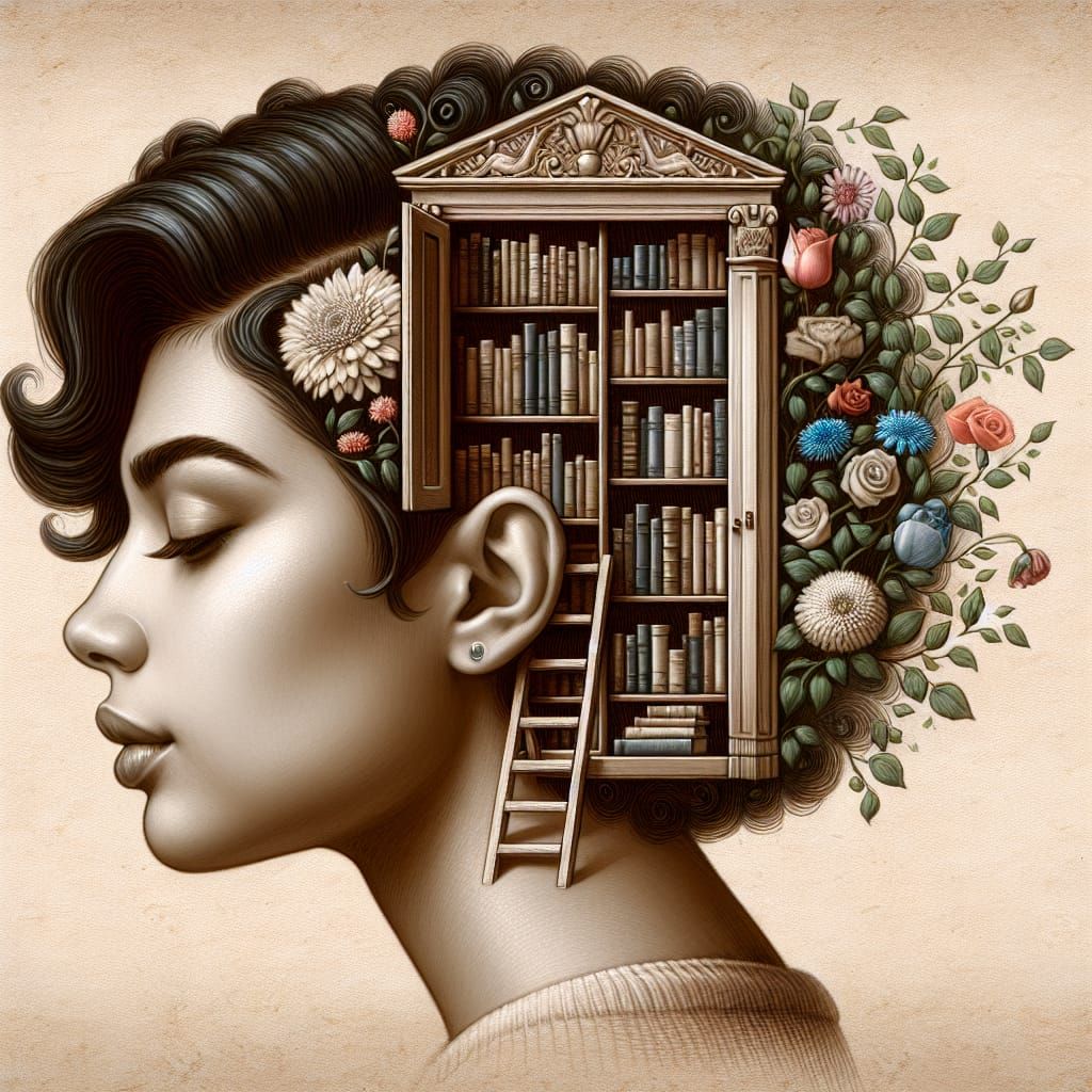 Woman's Profile with Bookshelf Hair, Digital Oil Painting
