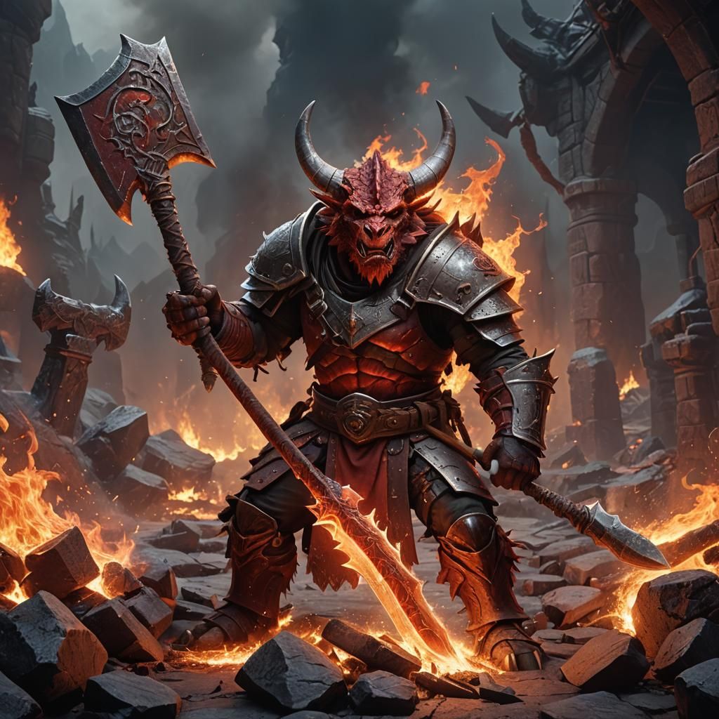 Dragonborn Barbarian with Flaming Axe, Fantasy Art