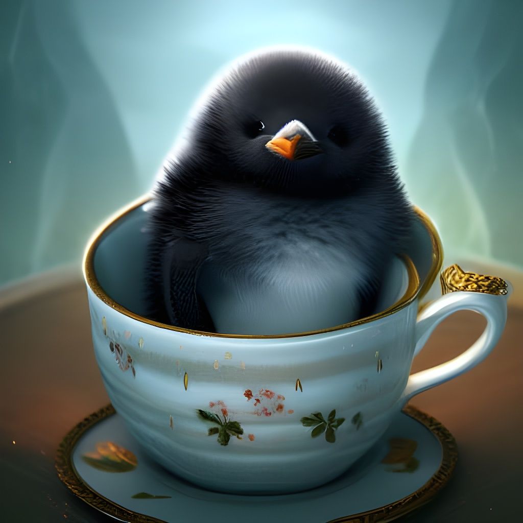Cute Penguin Sleeping in Teacup: Fantasy Art