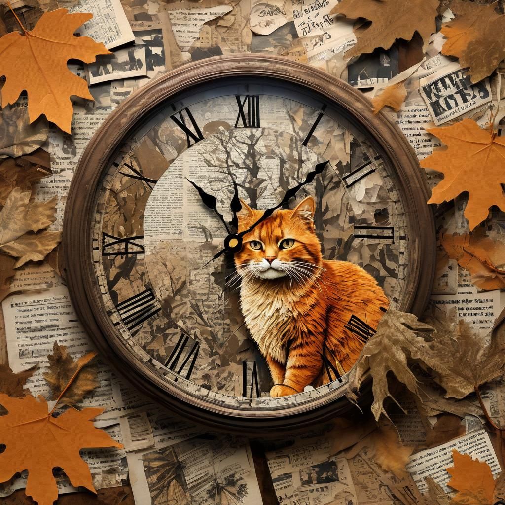 Autumnal Collage of a Cat in Sepia Tones