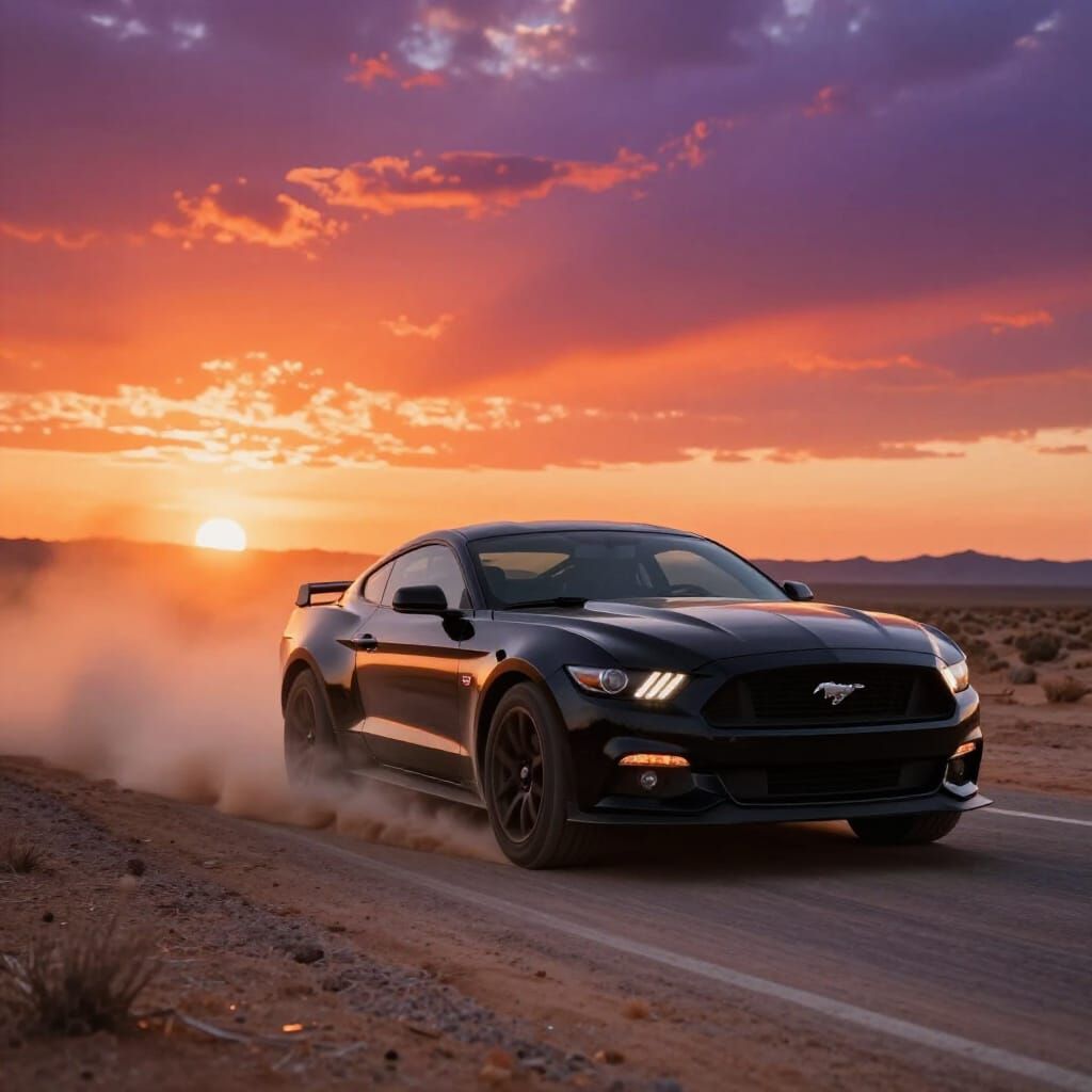 Black Mustang Speeds Down Desert Highway at Sunset