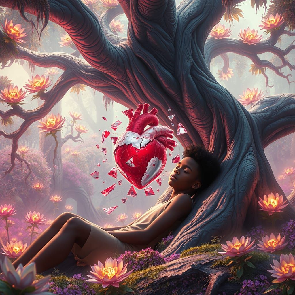 Teenage Boy's Shattered Heart in Whimsical, Ancient Landscap...