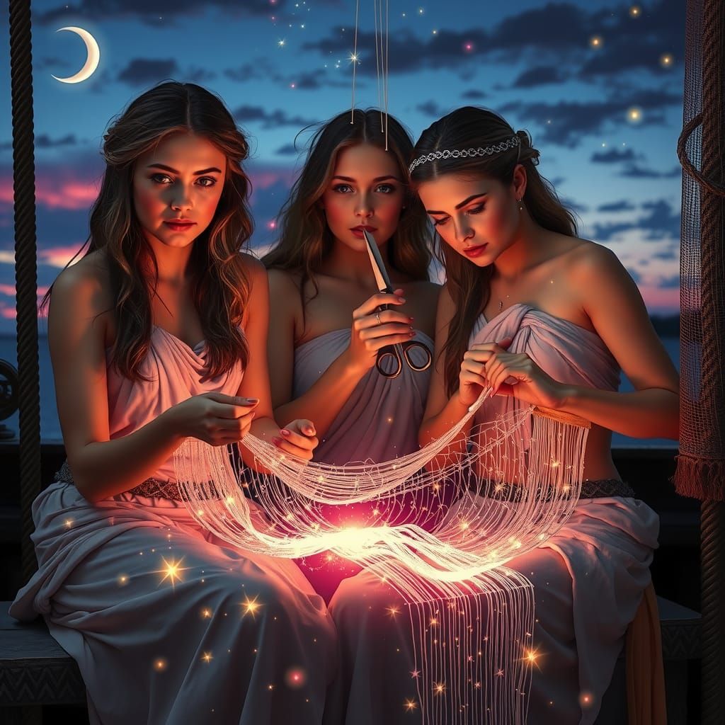 Fantasy Weavers Crafting Destiny Under Twilight Sky