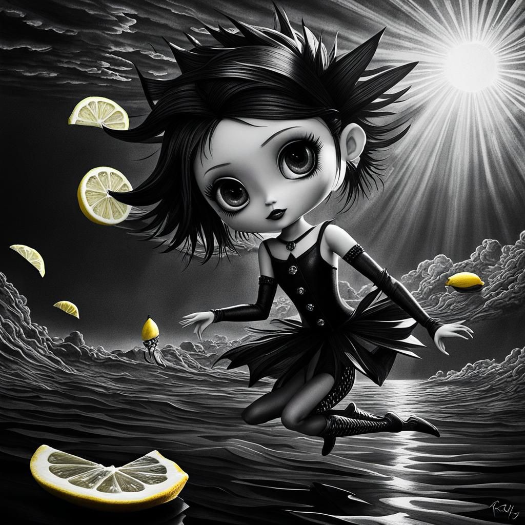 Chibi Goth Woman in Black Lemonade, Crayon Drawing