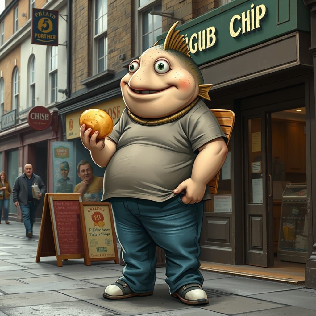 Anthropomorphic Cod on British High Street, Whimsical Art