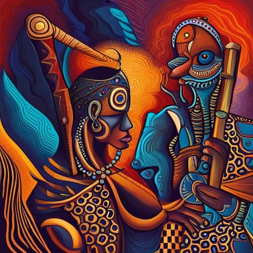 African Witch Doctor Dancing in Abstract Art
