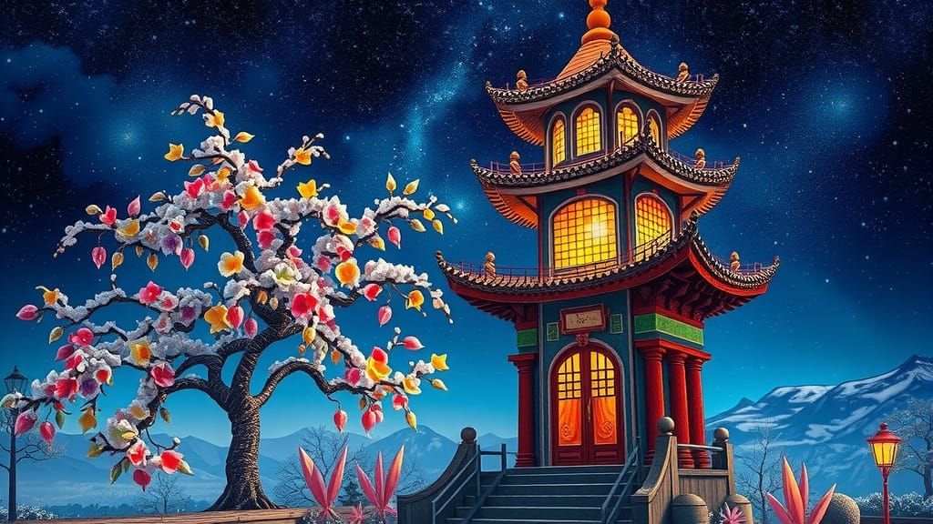 Iridescent Pagoda Fantasy Illustration in Klimt Style